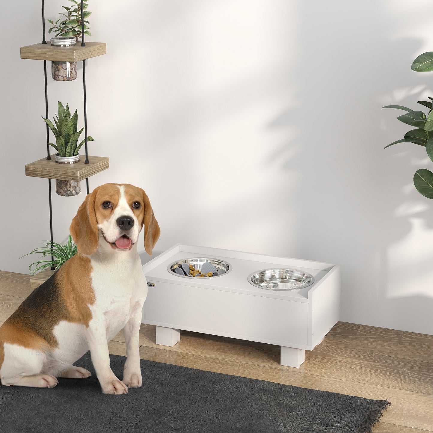 PawHut Erhöhte Fütterungsstation für Hunde, mit abnehmbarer Slow-Feeder-Matte, 2 Aluminiumschüsseln, Staurum, Weiß