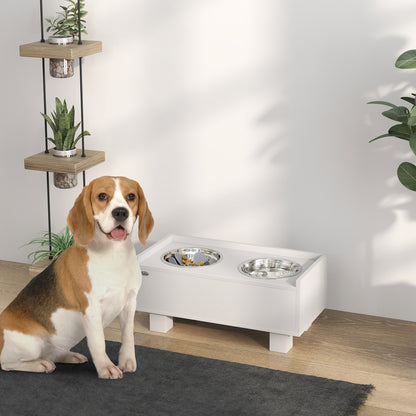 PawHut Erhöhte Fütterungsstation für Hunde, mit abnehmbarer Slow-Feeder-Matte, 2 Aluminiumschüsseln, Staurum, Weiß