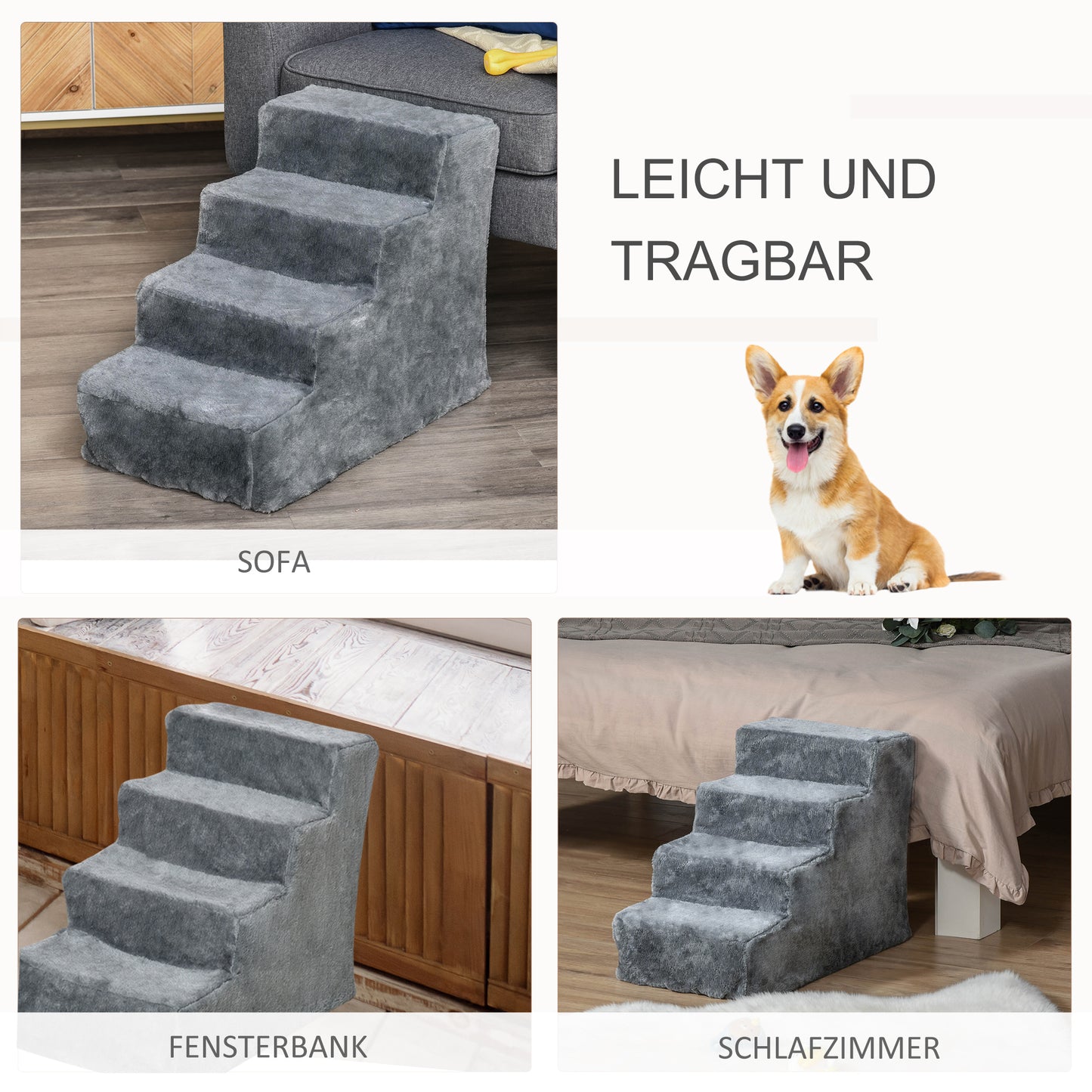 PawHut Hundetreppe 4-stufig, 35 cm Katzentreppe für Bett und Sofa, Haustiertreppe für Hunde und Katzen bis 5 kg, Plüschoptik, Hellgrau