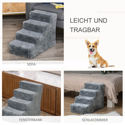 PawHut Hundetreppe 4-stufig, 35 cm Katzentreppe für Bett und Sofa, Haustiertreppe für Hunde und Katzen bis 5 kg, Plüschoptik, Hellgrau