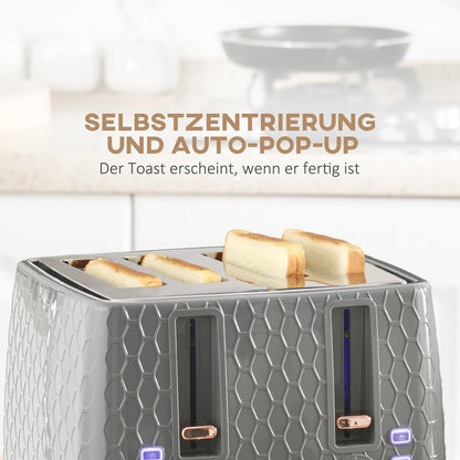 HOMCOM 2-in-1 Küchenset, Toaster und Wasserkocher, mehrere Optionen, 1,7 L, 4 Toastscheiben gleichzeitig, Kunststoff, Grau