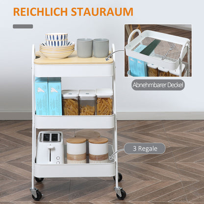 HOMCOM Servierwagen mit 3 Ebenen Küchenwagen mit Rollen Griff Küchenregal mit Korb und Deckel Rollwagen Allzweckwagen für Küche Büro Badezimmer, Weiß