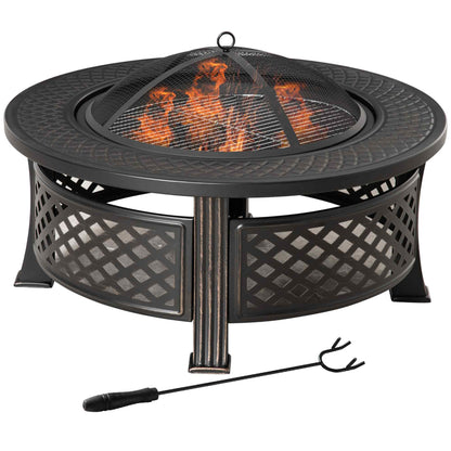 Outsunny Feuerschale mit Schürhaken Funkenschutz Feuerkorb Feuertisch rund Feuerstelle für Garten Camping BBQ Stahl Schwarz 81 x 81 x 50 cm