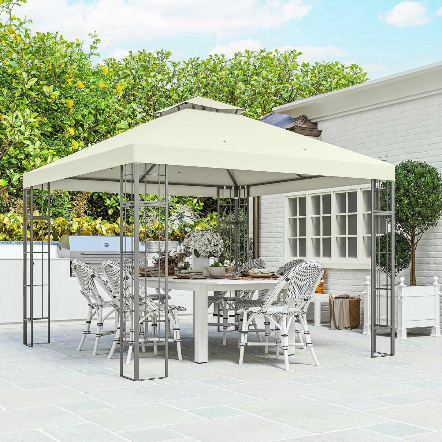 Outsunny 3 x 3 m Garten-Pavillon, 2-Stufen-Dach-Design, UV30+ Schutz, UV-beständig, Sonnenschutz, Metallrahmen, Cremeweiß