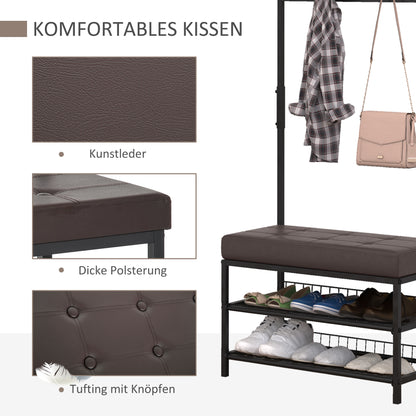 HOMCOM Garderobenständer Kleiderständer mit 5 Haken und Schuhbank mit 2 Ebenen Garderobe aus Metall für Flur, Schlafzimmer, 72,5 x35 x 180cm