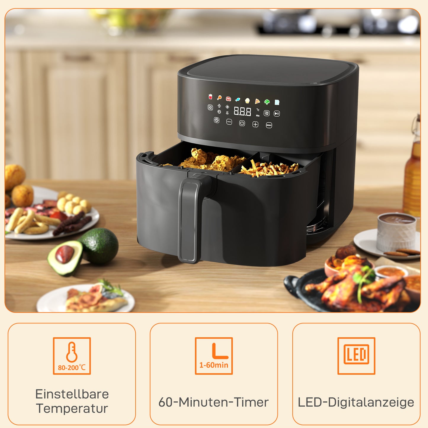 HOMCOM Heißluftfritteuse, Air Fryer, 8 Programme, 8 Liter, LED-Screen, Schwarz