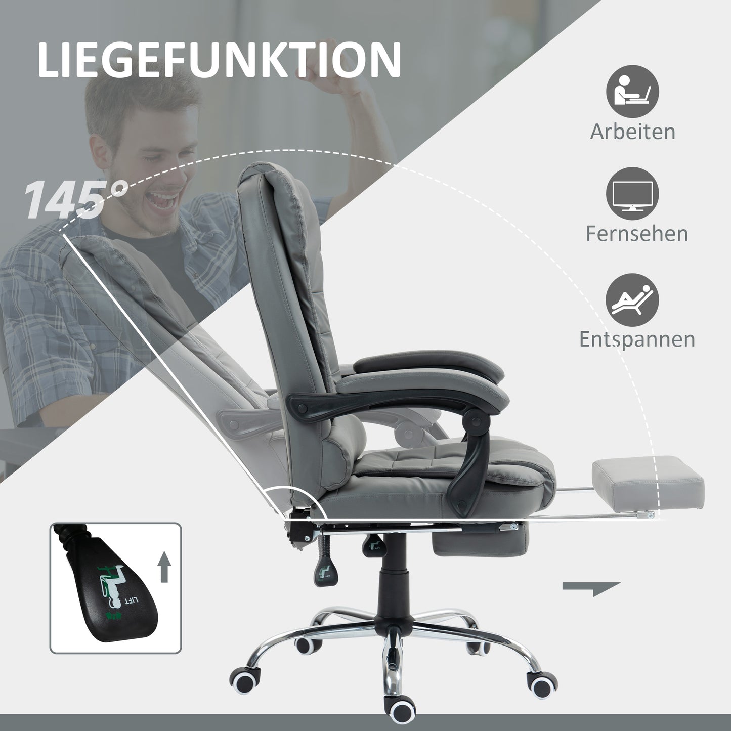 HOMCOM Bürostuhl mit Fußstütze, Schreibtischstuhl, verstellbare Rückenlehne, höhenverstellbar, Grau+Schwarz+Silber