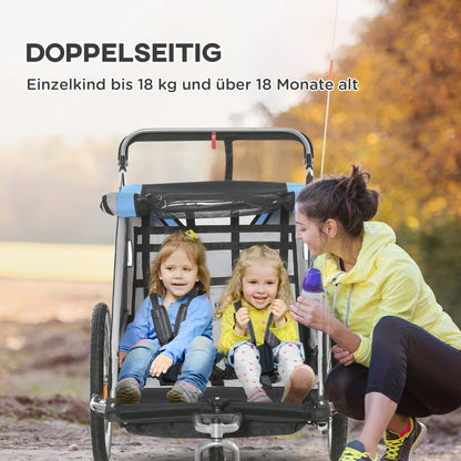 HOMCOM Kinderanhänger, Kinderwagen, 5-Punkt-Sicherheitsgurt, Universalkupplung, Stahl, Blau, 142 x 75 x 101 cm