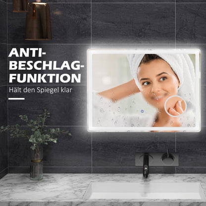 kleankin LED Badezimmerspiegel mit 3x Vergrößerung, Touch-Funktion, Memory-Funktion, kein Beschlagen, 80 x 60 cm