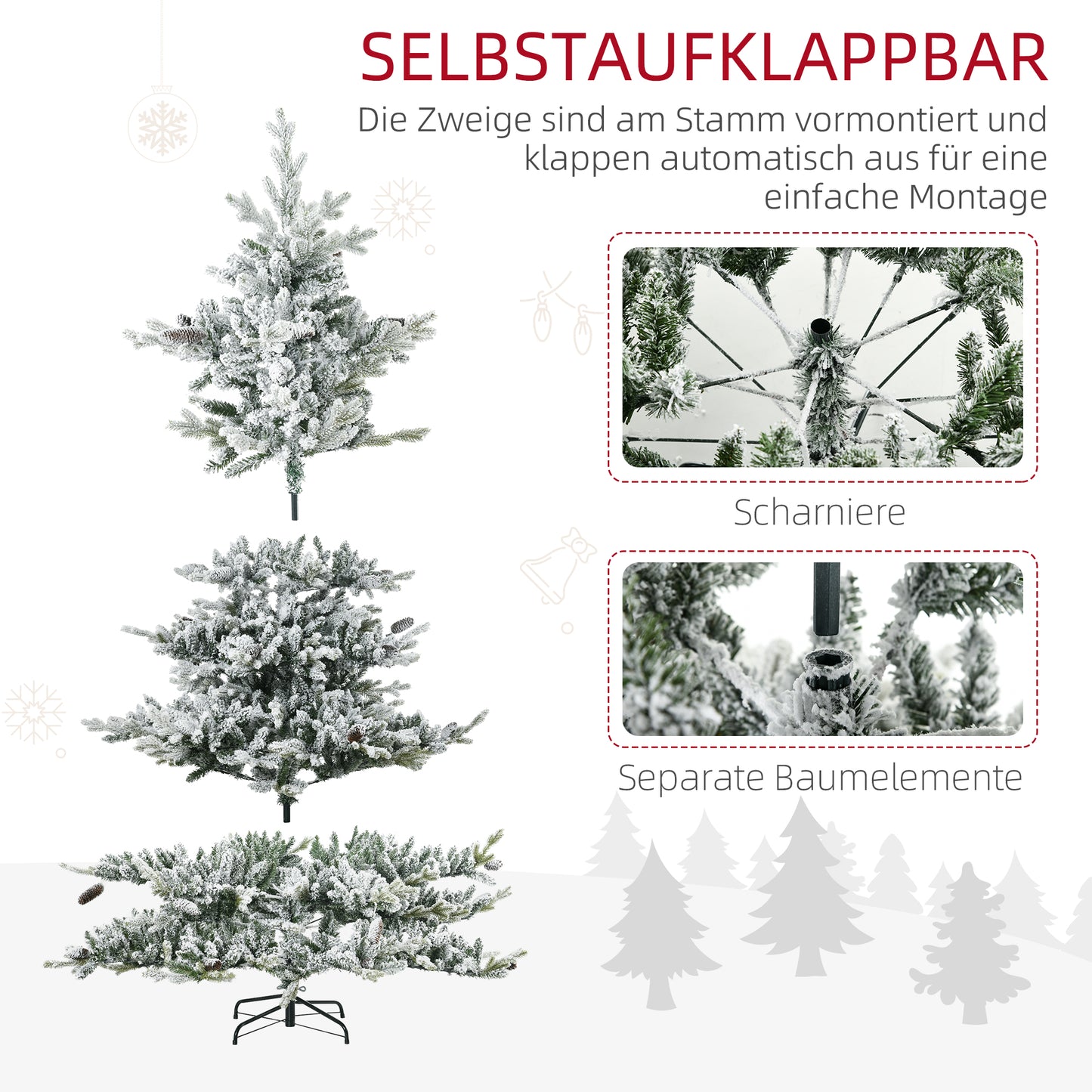 HOMCOM Weihnachtsbaum, Kunsttanne, 1,80m groß, üppige Form, realistisches Aussehen, schneebedeckte Zweige, Tannenzapfen