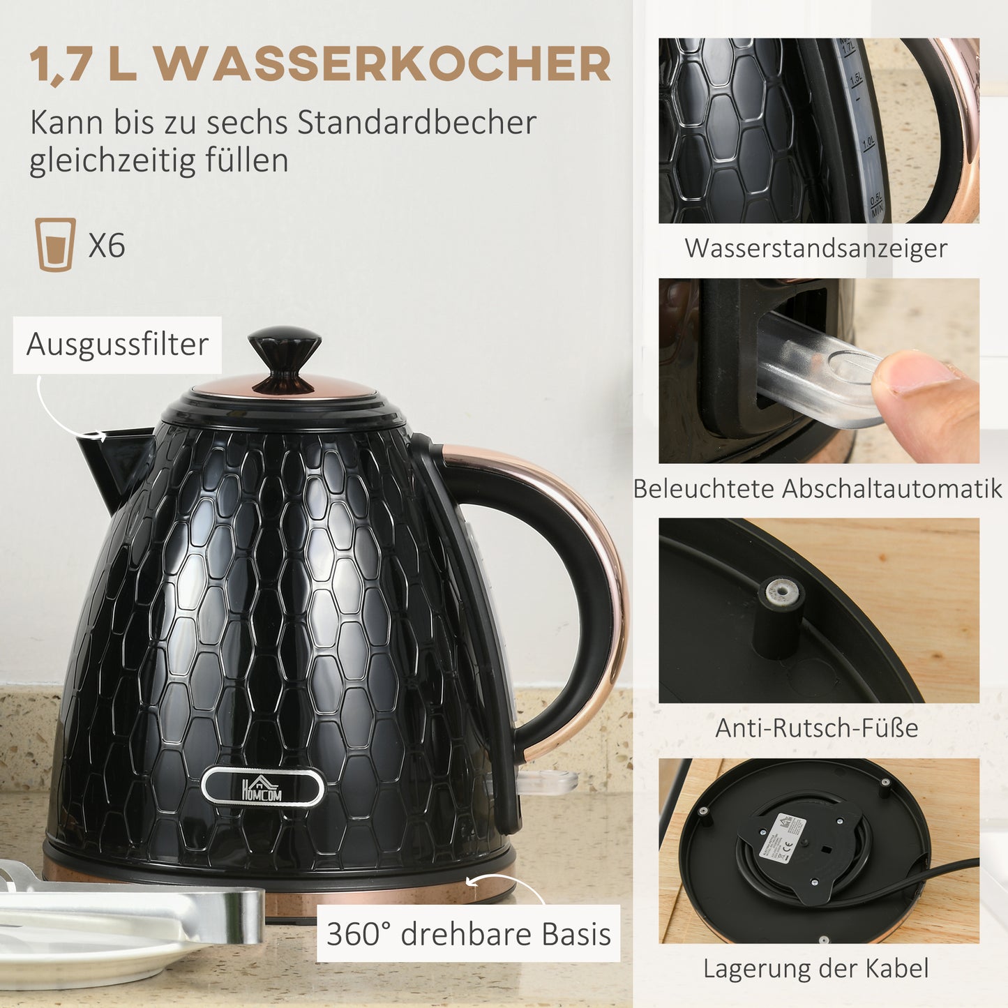 HOMCOM Wasserkocher- und Toaster-Set, 1,7 L, verschiedene Modi, LED-Anzeigen, Schwarz