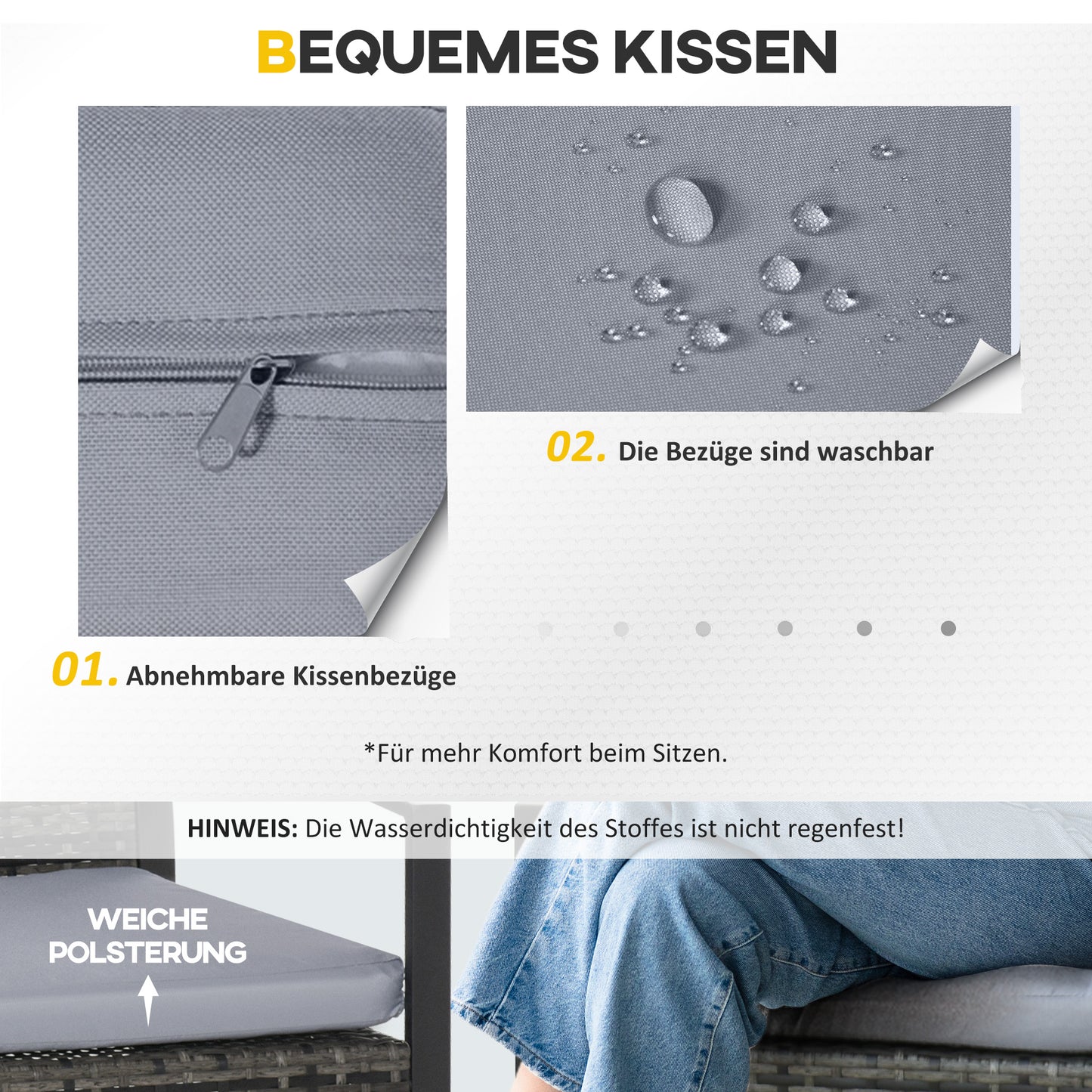 Outsunny Rattan Gartenmöbel Set för 2 Personen Polyrattan Gartenmöbel Set Balkonmöbel Set mit Kissen Garten Grau