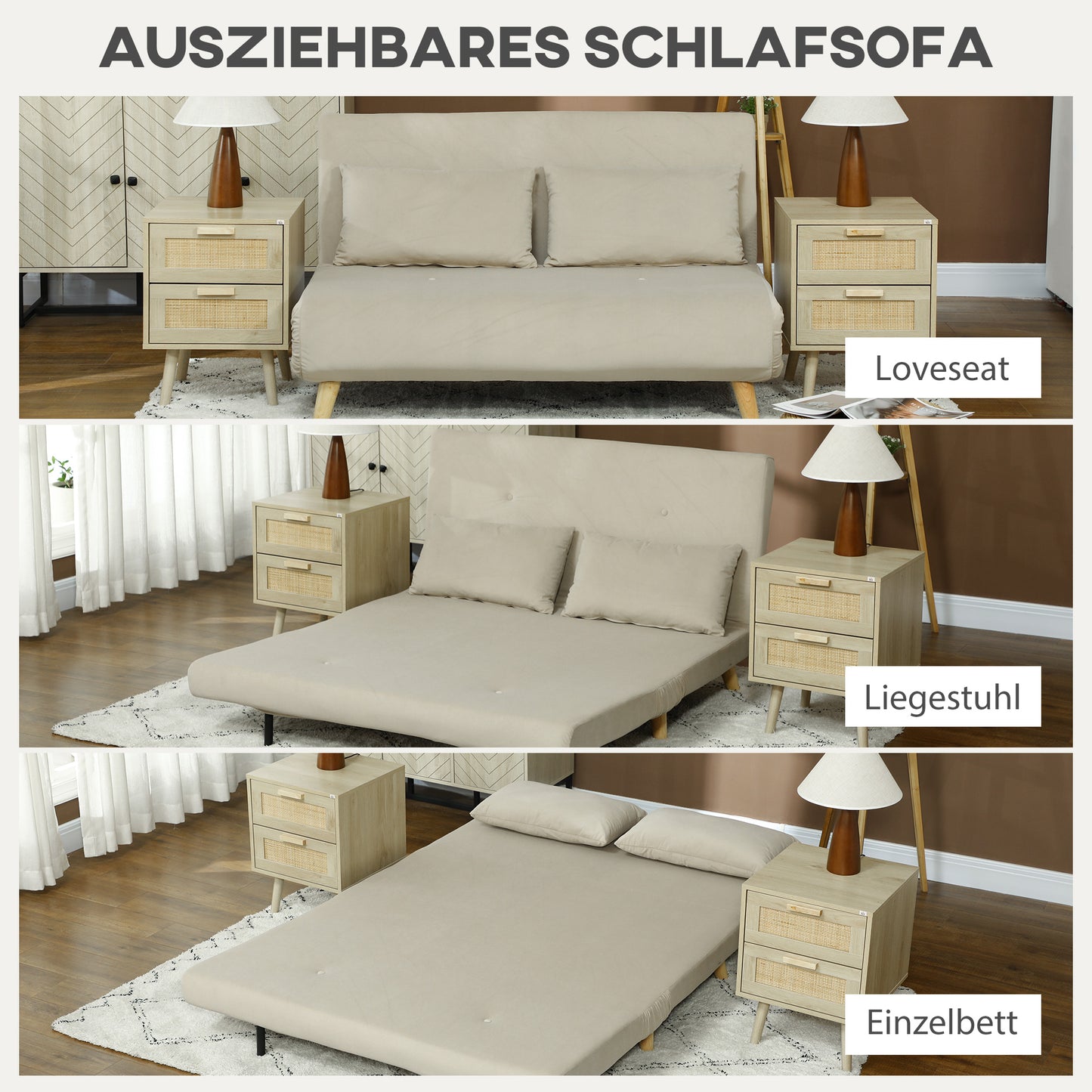 HOMCOM Schlafsofa Relaxsofa Sofa Couch, inkl. 2 Kissen, Samtoptik, 130 x 78 x 79 cm, Beige