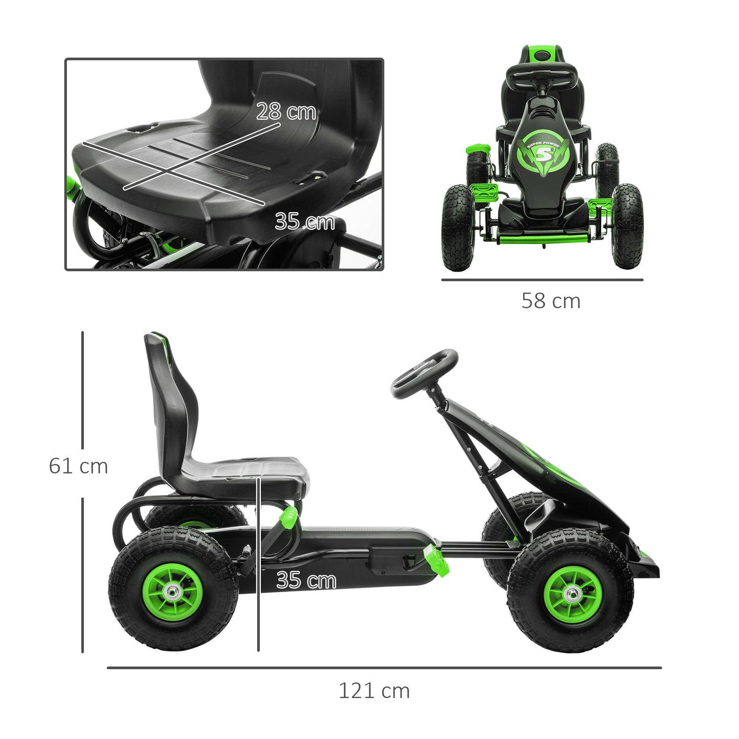 HOMCOM Kinder-Gokart, mit Pedalen, verstellbarem Sitz, In- und Outdoor, ab 5 Jahren, Grün+Schwarz, 121 x 58 x 61 cm