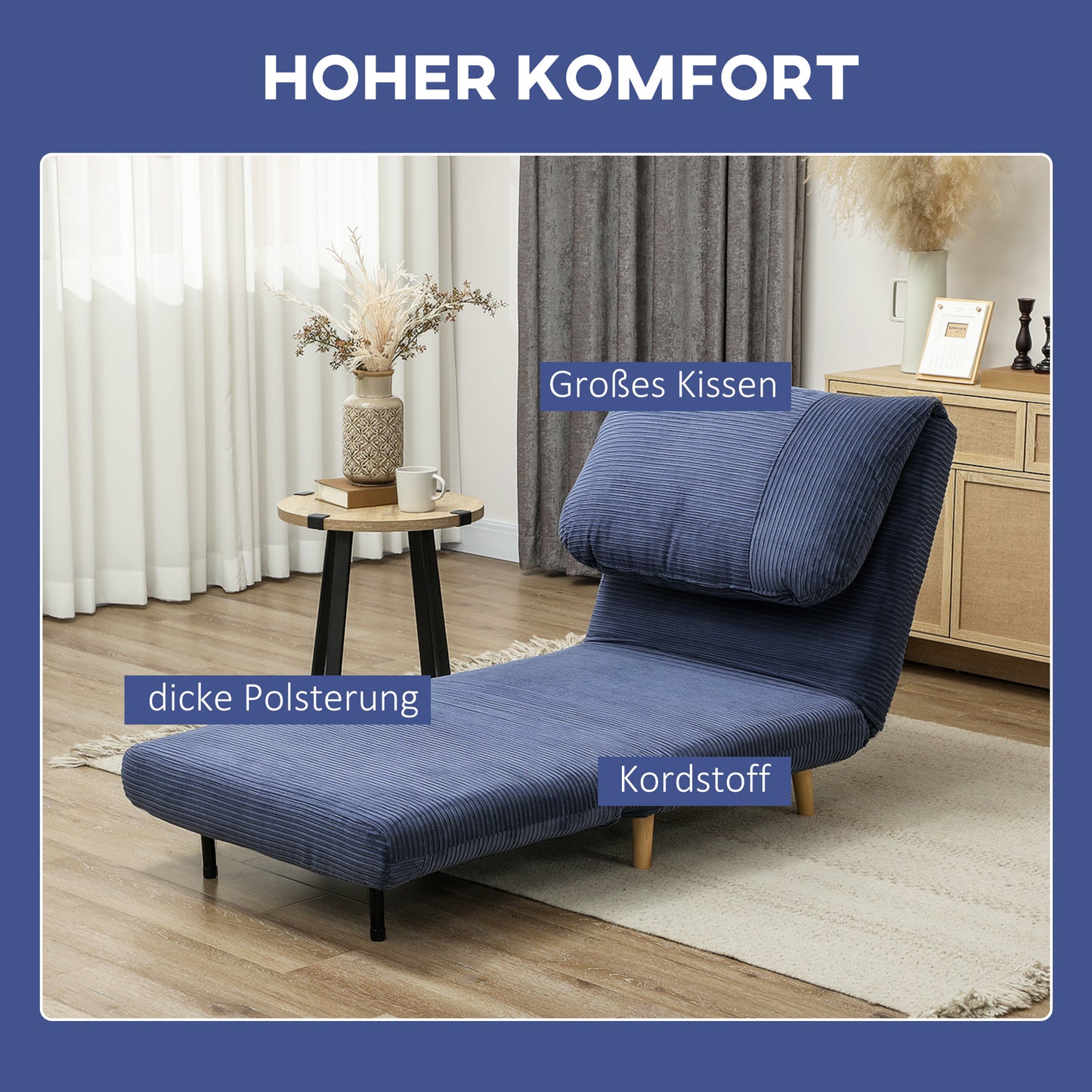 HOMCOM 2-in-1 Schlafsessel Gästebett, verstellbare Kopfstütze Cord-Optik 82 cm x 8 cm x 83 cm Blau