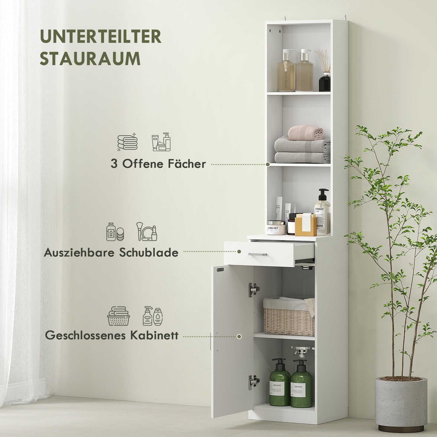 HOMCOM Hoher Badezimmerschrank, schmales Design, Schublade, Regale, Schrank, Spanplatte, Weiß