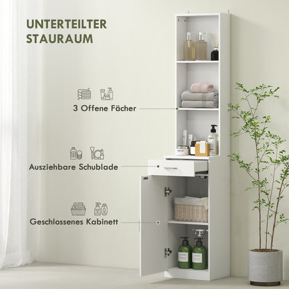 HOMCOM Hoher Badezimmerschrank, schmales Design, Schublade, Regale, Schrank, Spanplatte, Weiß