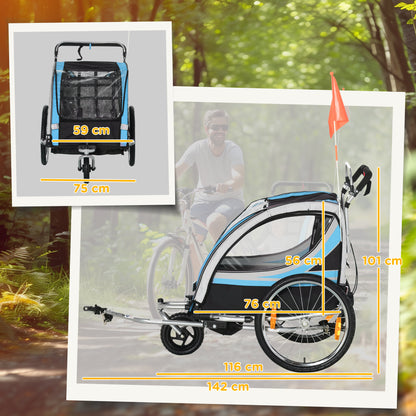 HOMCOM Kinderanhänger, Kinderwagen, 5-Punkt-Sicherheitsgurt, Universalkupplung, Stahl, Blau, 142 x 75 x 101 cm