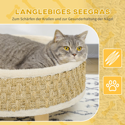 PawHut Haustierbett für Katzen und Hunde, Seegras, waschbares Kissen, 48 cm x 48 cm x 24,5 cm, Beige + Khaki - Natur