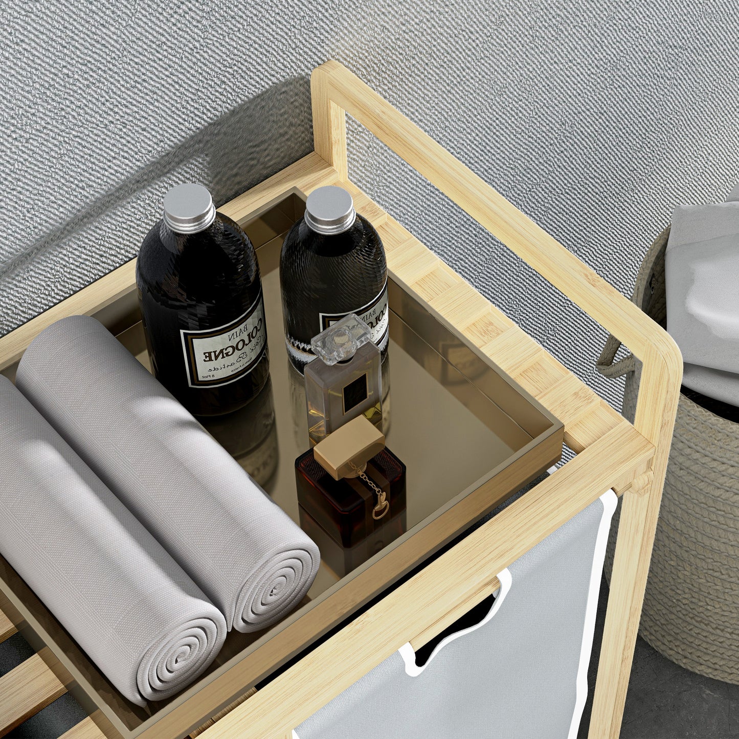 HOMCOM Wäschekorb mit 2 Waschsäcken, 1 Ablage, Bambus, 63,5 cm x 33 cm x 73 cm, Hellgrau + Natur