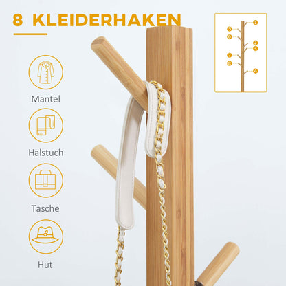 HOMCOM Garderobe Kleiderständer Hutständer, 8 Haken, 49,5 cm x 49,5 cm x 178 cm, Natur