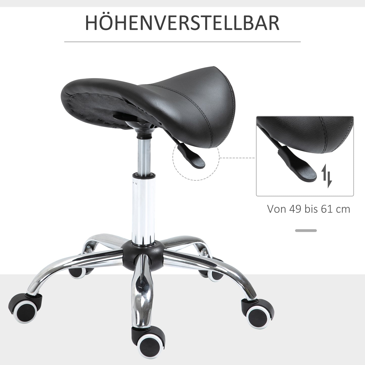 HOMCOM Rollhocker höhenverstellbar Drehhocker 49-61 cm Arbeitshocker drehbar Sattelhocker für Büro Salon Massage Spa Schwarz