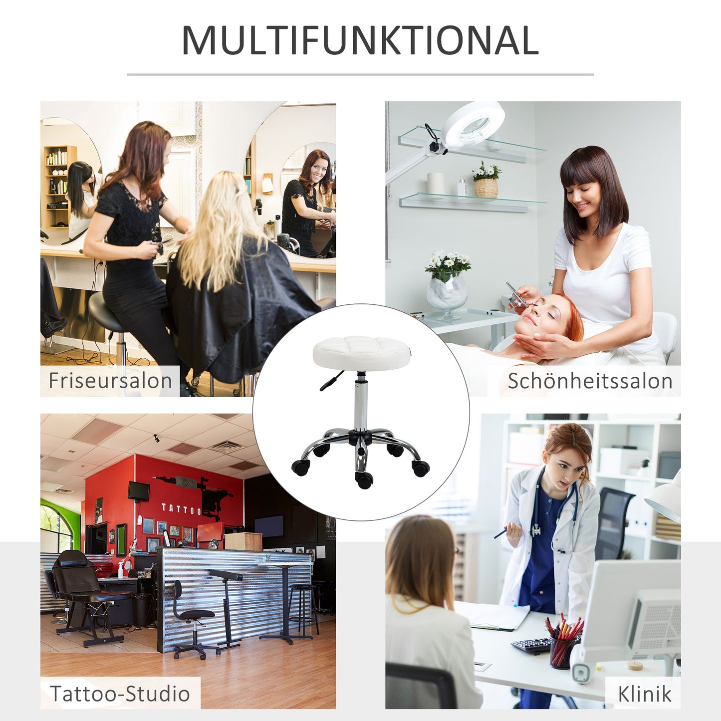 HOMCOM Drehhocker, Salonhocker, höhenverstellbar, Kunstleder, Steppdesign, Ø35,5 x 48-63 cm, Weiß/Silber