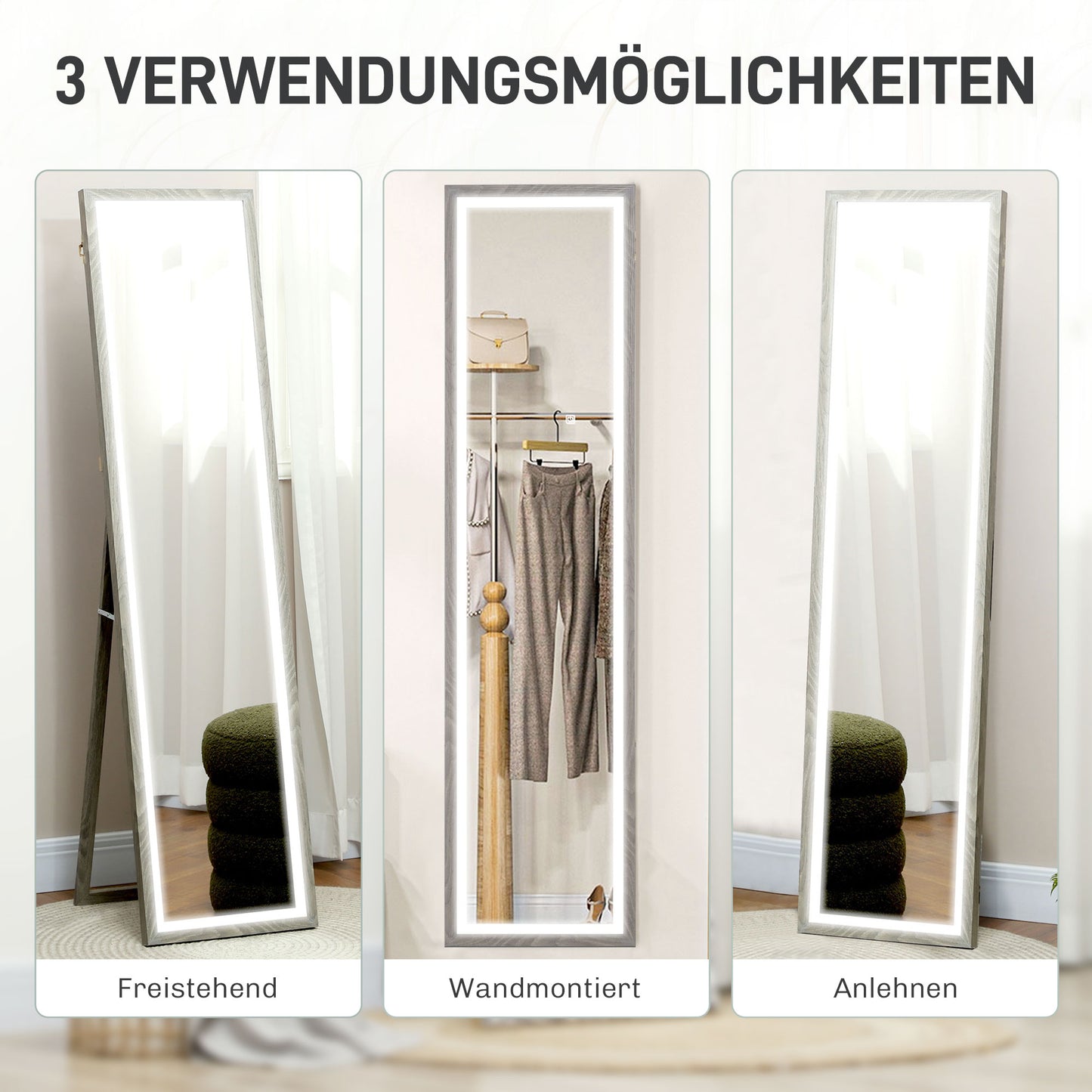 HOMCOM LED Ganzkörperspiegel, 40 x 160 cm, Touch-Steuerung, dimmbar, 3 Farben, Grau