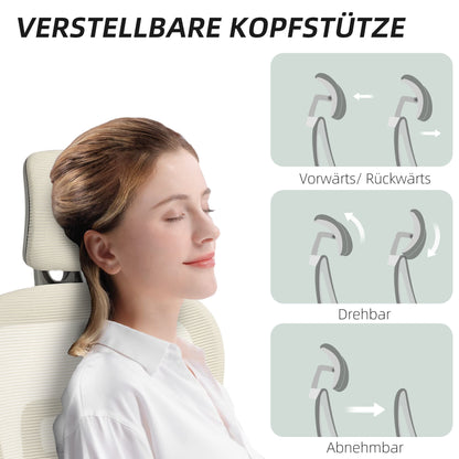 HOMCOM Bürostuhl, Ergonomischer Schreibtischstuhl mit Netzstoffbezug, verstellbar, rollbar, mit Armlehnen, Kopfstütze, Beige