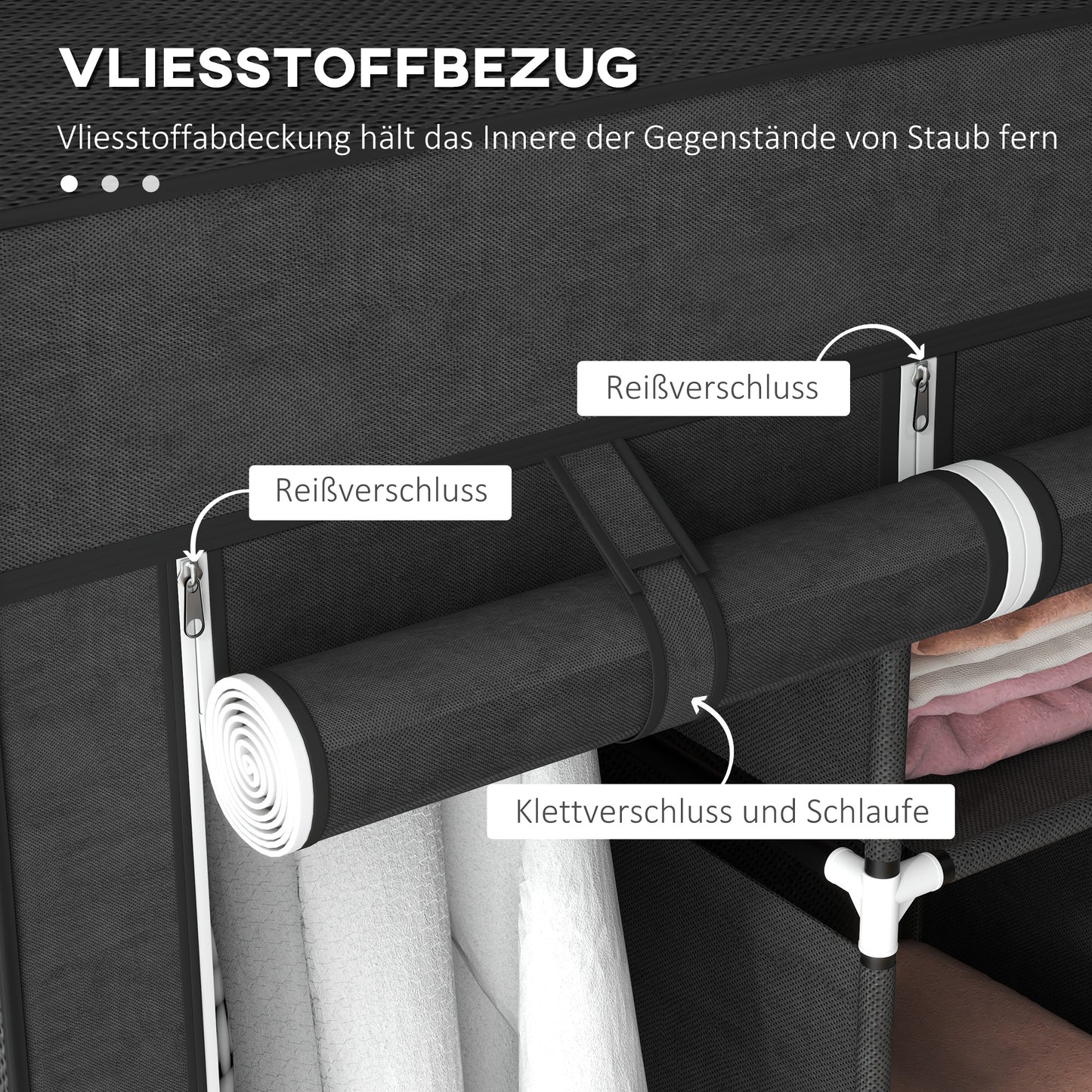 HOMCOM Schrank aus Stoff, Aufbewahrungslösung, 8 Regale, 2 Kleiderstangen, Schwarz