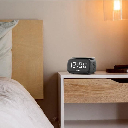 Speaker charger alarm clock - EVOOM - EV304618 - Black with wireless charging and integrated speaker