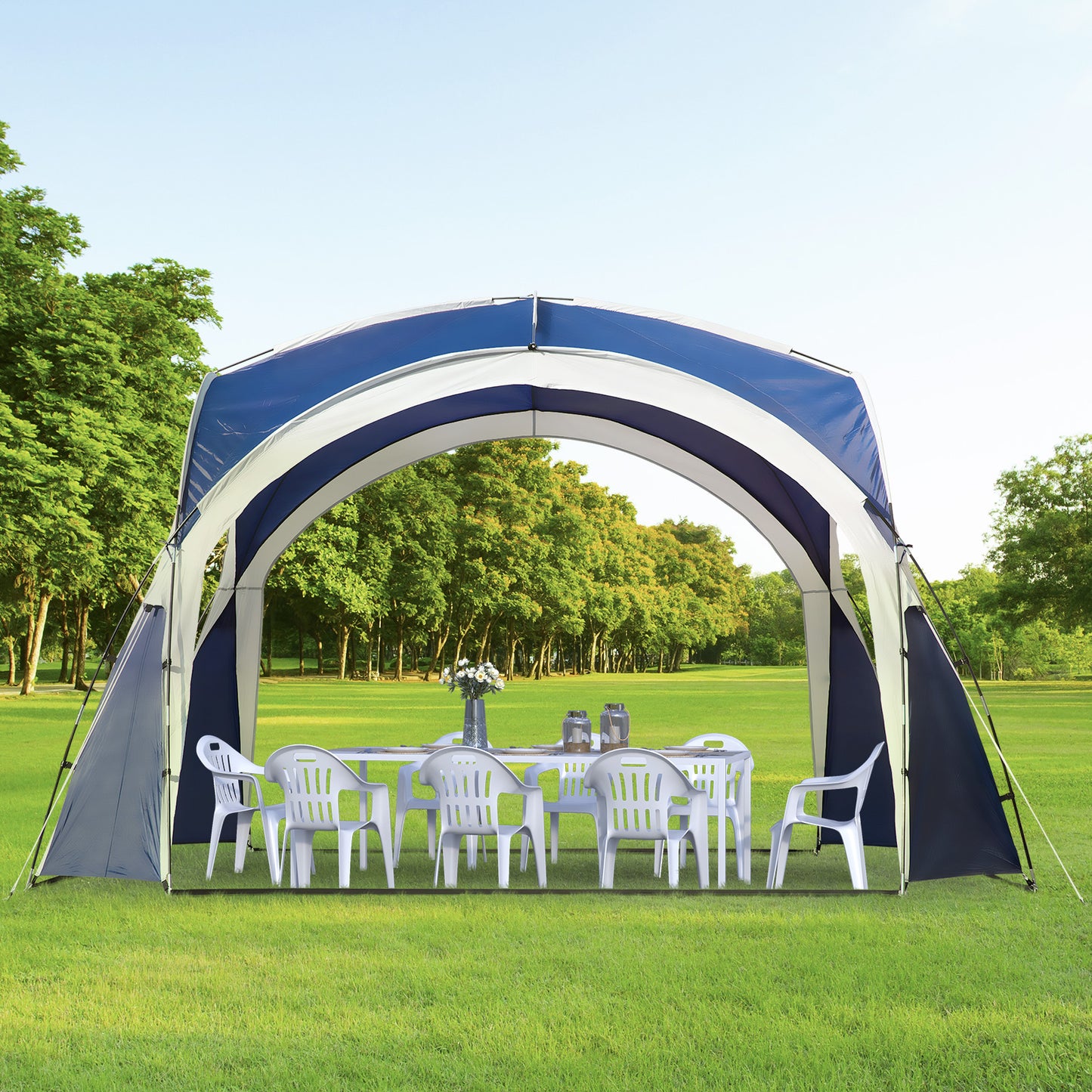 Outsunny Kuppelzelt für 6-8 Personen, Pavillon, Schutz vor Sonne und Nieselregen, 3,5 x 3,5 x 2,22 m, Blau