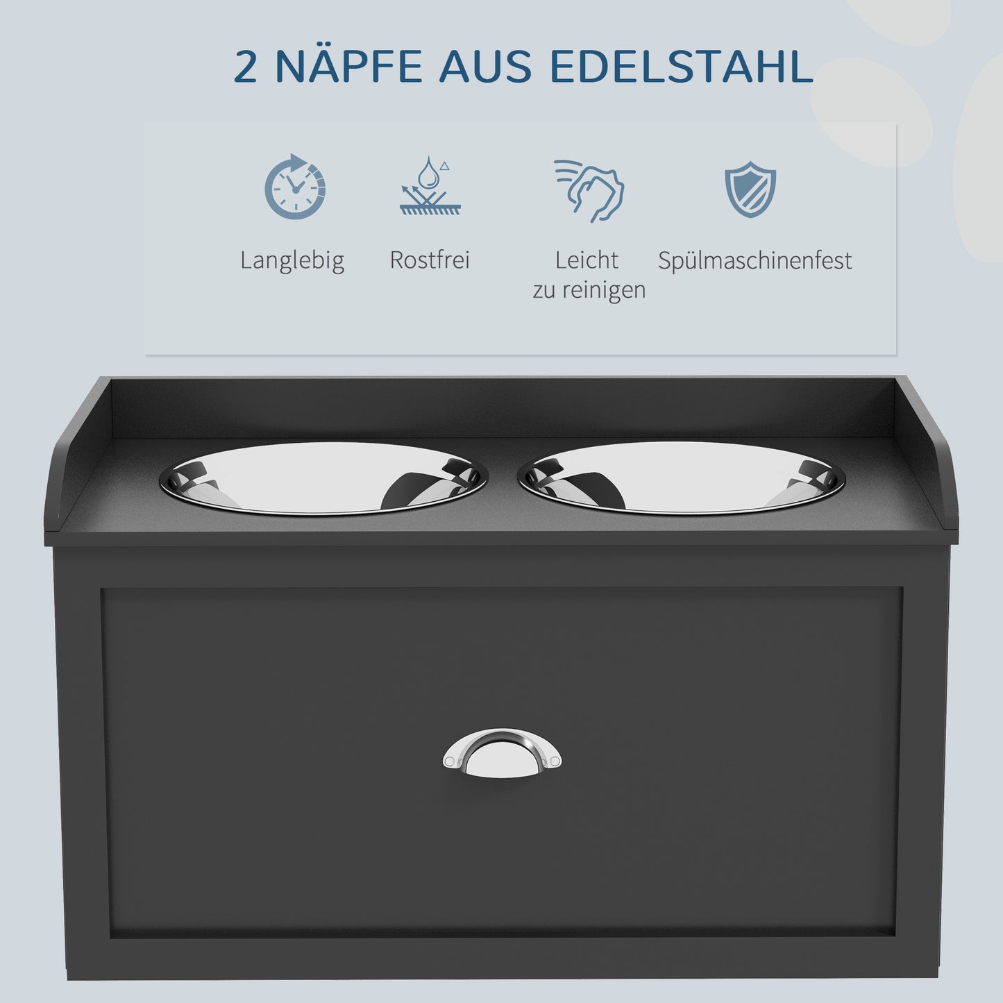 PawHut Futterstation, 2 Fressnäpfe je 2 Liter, Edelstahl, mit Schublade, für große Hunde, schwarz+silber, 60 x 30 x 36 cm