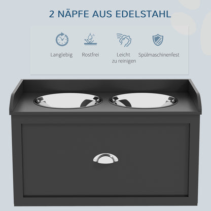PawHut Futterstation, 2 Fressnäpfe je 2 Liter, Edelstahl, mit Schublade, für große Hunde, schwarz+silber, 60 x 30 x 36 cm