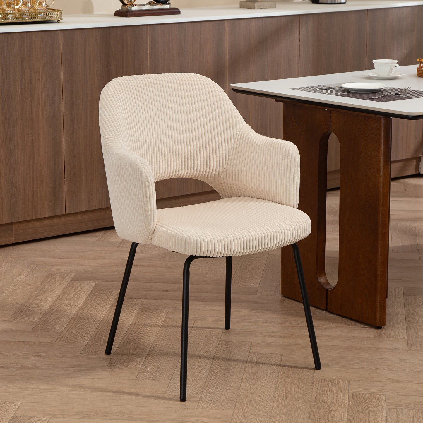 HOMCOM Esszimmerstuhl, Cordbezug, Schalenform, Metallbeine, Fußpolster, Beige