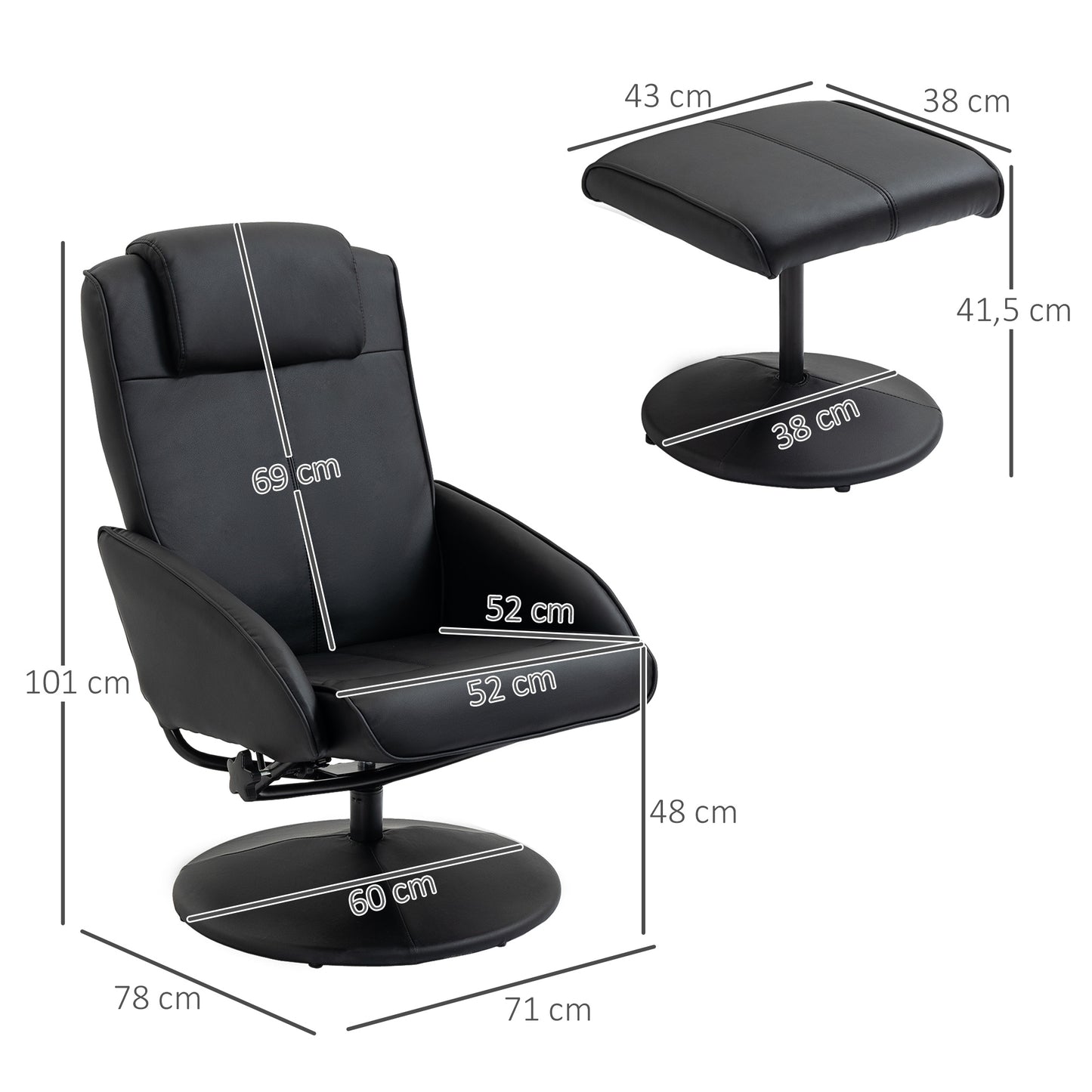 HOMCOM Relaxsessel mit Fußhocker, Kunstleder-Bezug, neigbar, ergonomisches Design, Schwarz