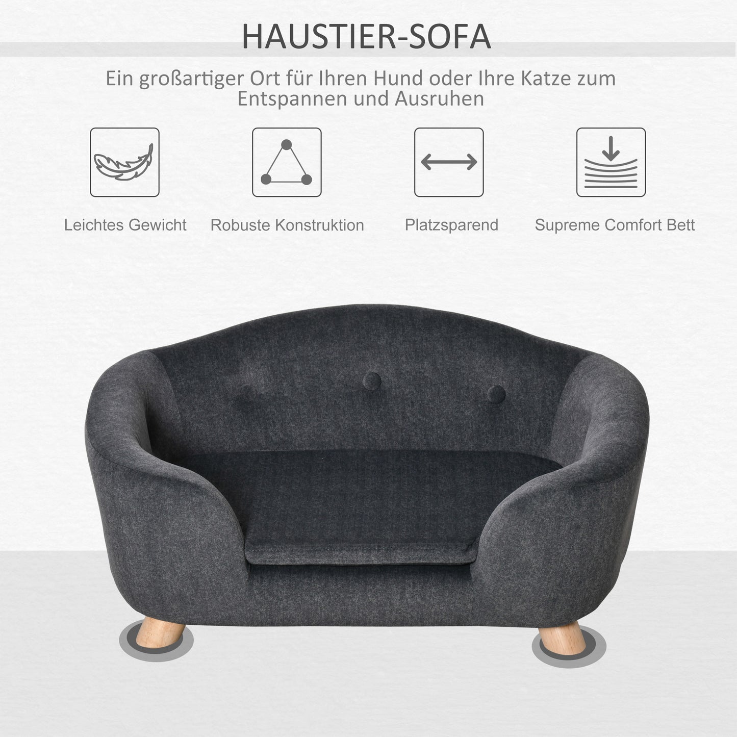 PawHut Haustiersoffa Hundematte Hundebett Hundesofa Hundecouch Katzen Sofa mit Kissen Rückentasche Plüsch Schaumstoff Kiefernholz Dunkelgrau 70 x 47 x 30 cm