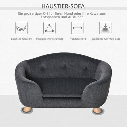 PawHut Haustiersoffa Hundematte Hundebett Hundesofa Hundecouch Katzen Sofa mit Kissen Rückentasche Plüsch Schaumstoff Kiefernholz Dunkelgrau 70 x 47 x 30 cm