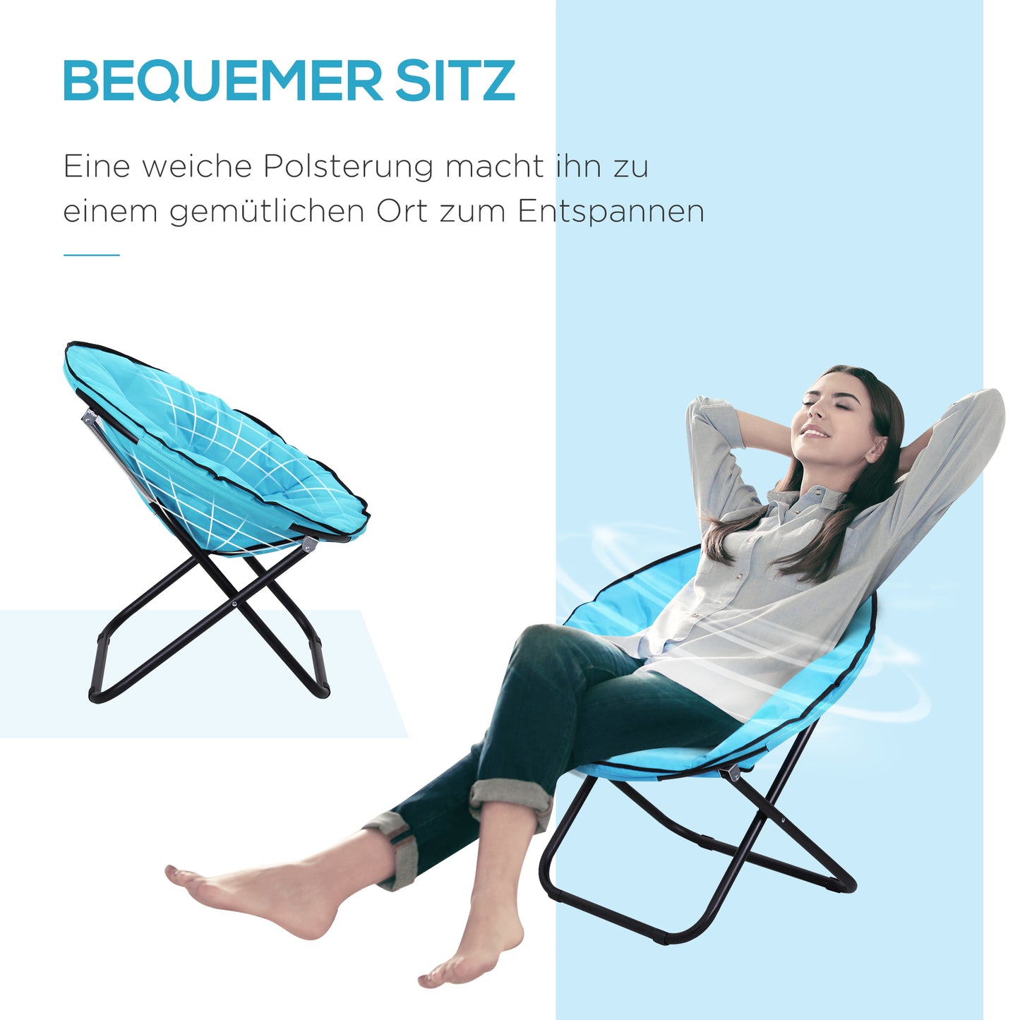 Outsunny Campingstuhl Faltbar Campingsessel mit Lehne, Klappstuhl bis 120kg, gepolstert Moonchair Extra Breit, Faltsessel Outdoor Stuhl für Garten, Balkon, Camping, Blau