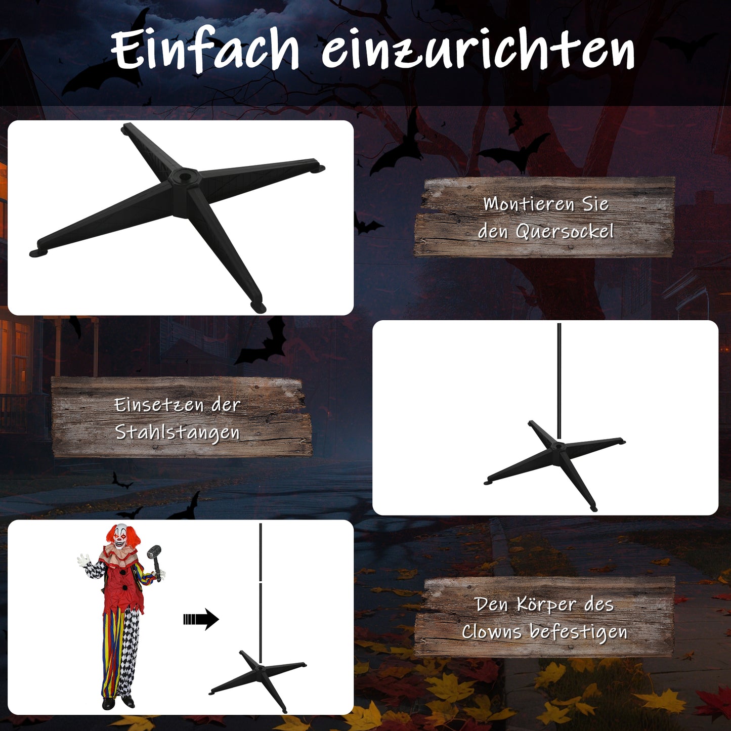 Outsunny Grusel-Clown, Halloween-Animatronik, 173 cm, leuchtende Augen, Geräusch-Aktivierung, bewegliche Arme und Kopf, Batteriebetrieb, Kunststoff, Metall, Rot