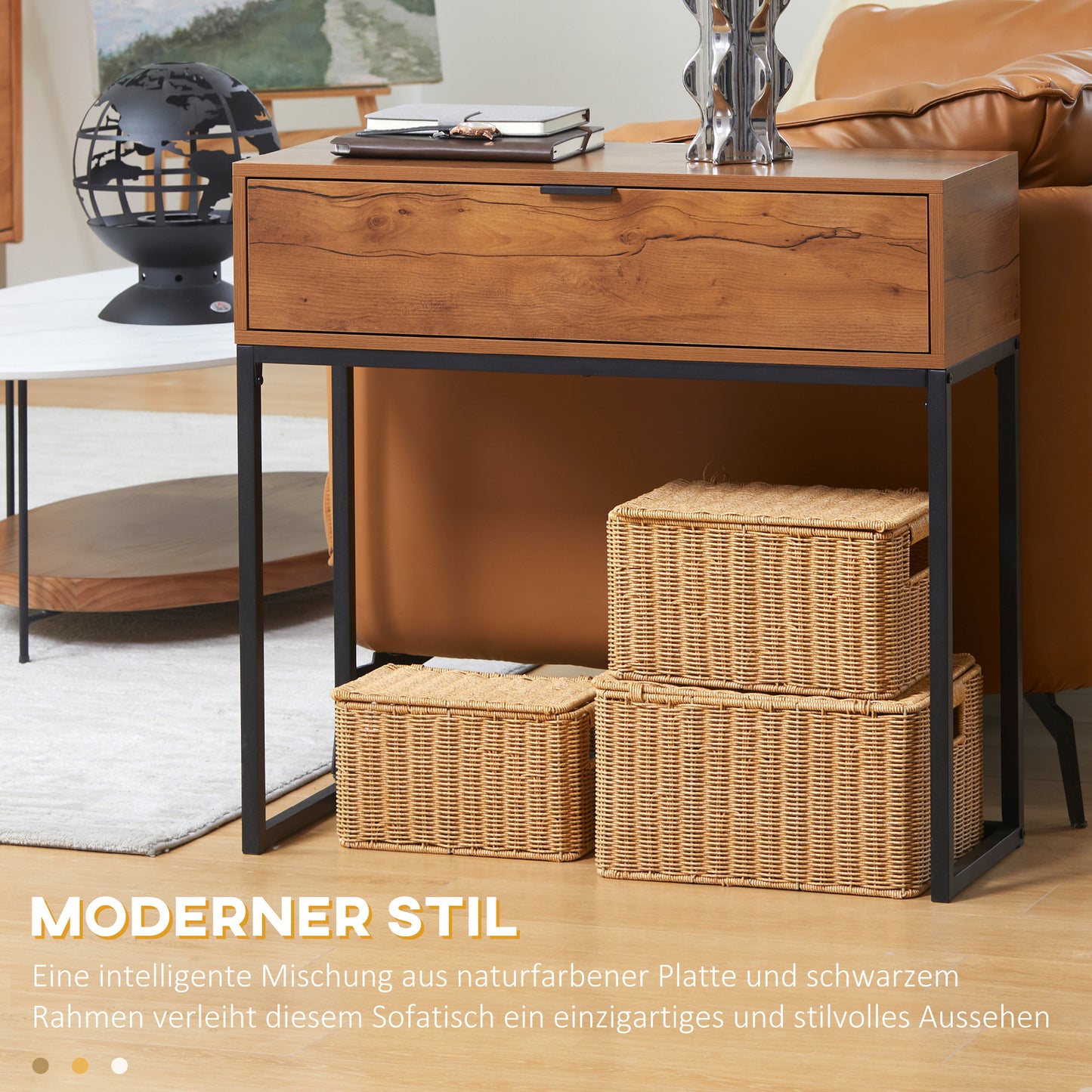 HOMCOM Konsolentisch im Industriedesign, Beistelltisch, Sideboard, 1 Schublade, Braun + Schwarz