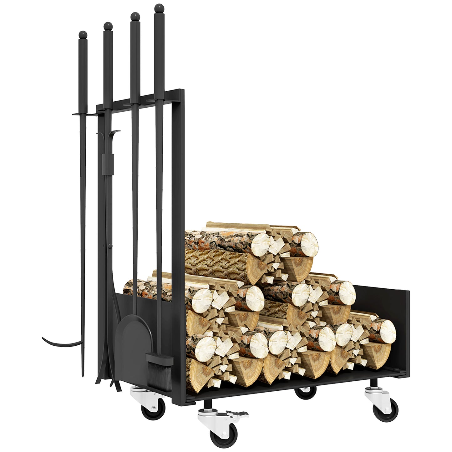 Outsunny Feuerholzgestell mit Rädern, viel Zubehör, Metallrahmen, bis 60 kg, 48 x 30 x 76 cm, Schwarz