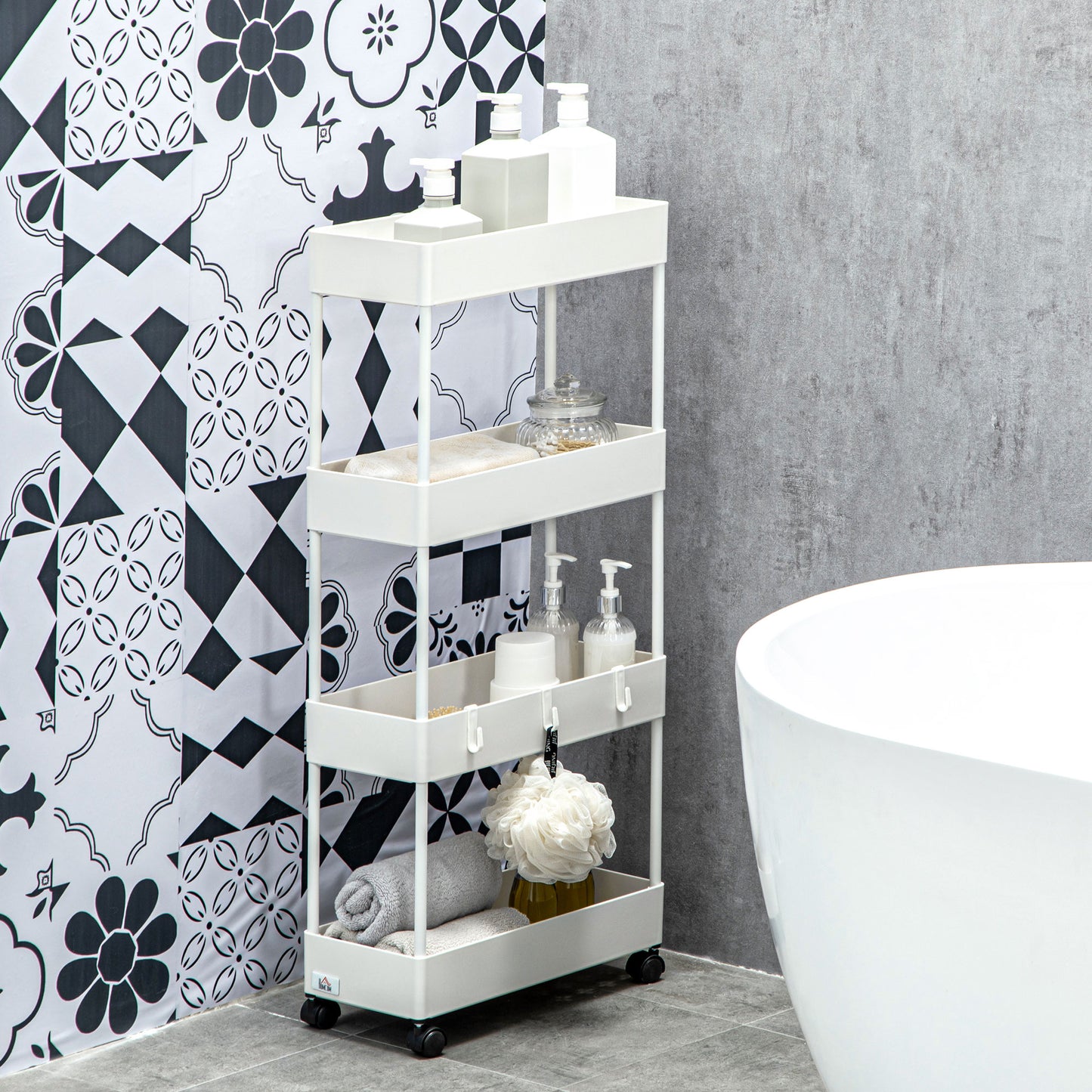 HOMCOM Küchenwagen mit 4 Regalen, 4 flexiblen Haken, 4 Rollen, 40 cm x 19 cm x 90 cm, Nischenwagen, Weiß