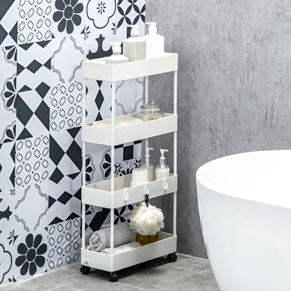 HOMCOM Küchenwagen mit 4 Regalen, 4 flexiblen Haken, 4 Rollen, 40 cm x 19 cm x 90 cm, Nischenwagen, Weiß