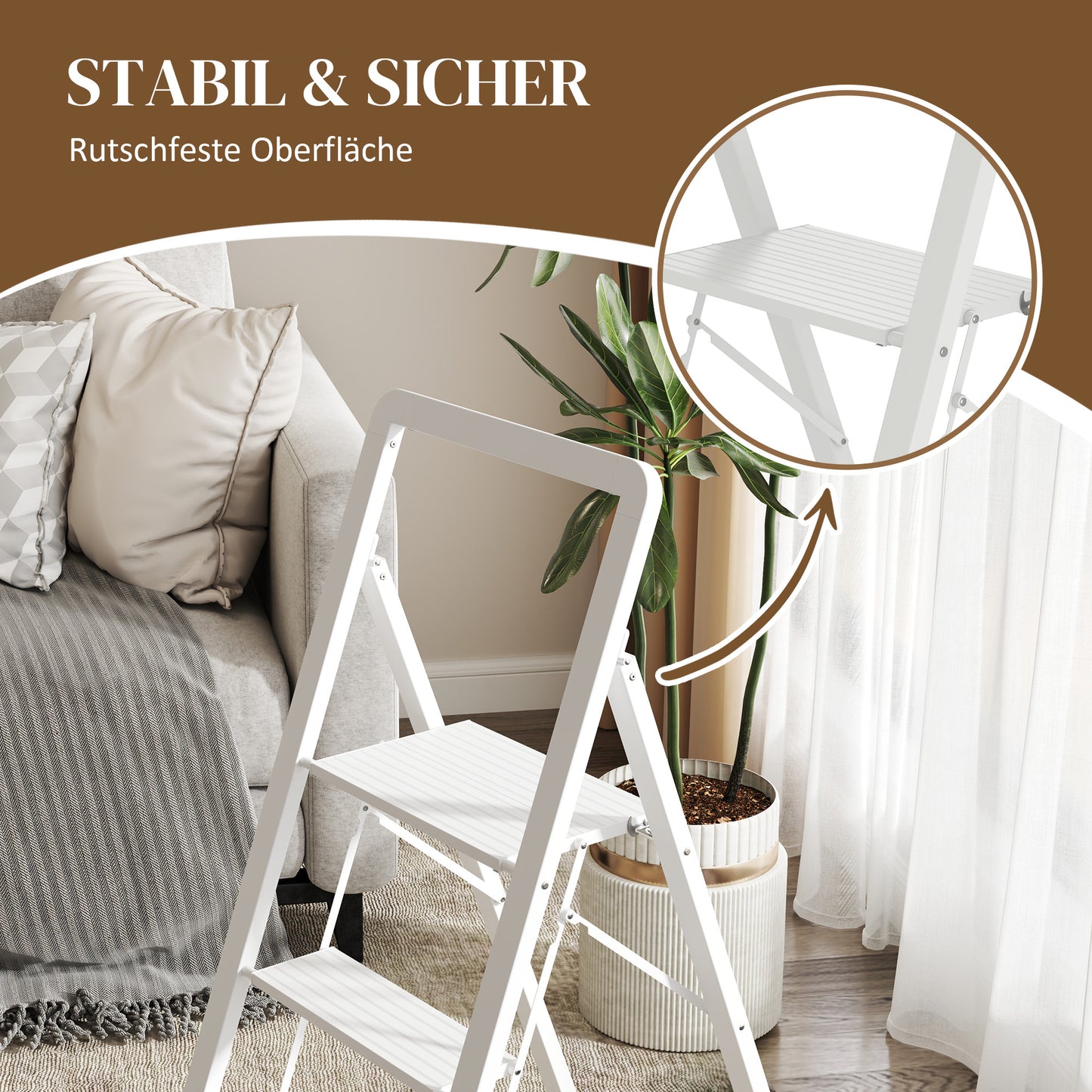 HOMCOM 3-stufige Trittleiter, Aluminum faltbar, rutschfeste Plattform, Weiß