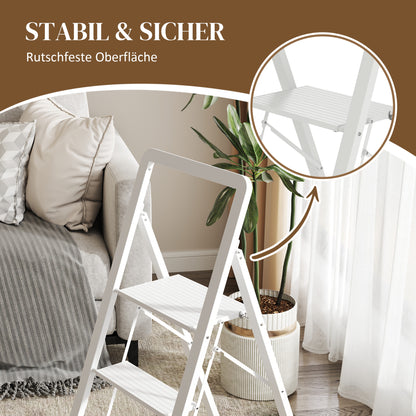 HOMCOM 3-stufige Trittleiter, Aluminum faltbar, rutschfeste Plattform, Weiß