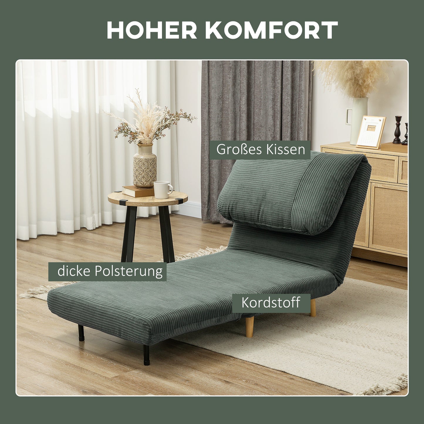 HOMCOM 2-in-1 Schlafsessel Gästebett, verstellbare Kopfstütze Cord-Optik 82 cm x 8 cm x 83 cm Grün