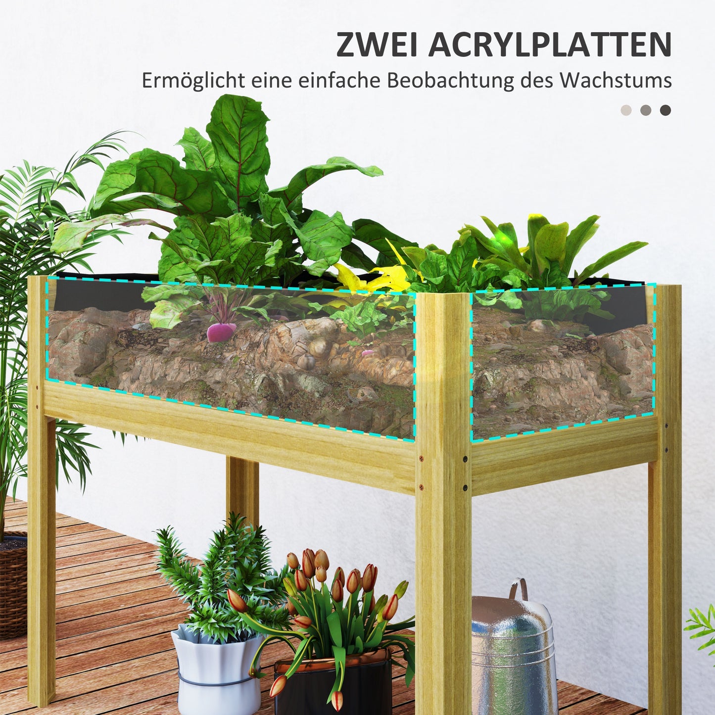 Outsunny Hochbeet, Holz-Pflanzbox mit Acrylplatten and Zwei Seiten, für 118 L Erde, Wasserabflusslöcher, 110 x 50 x 80 cm