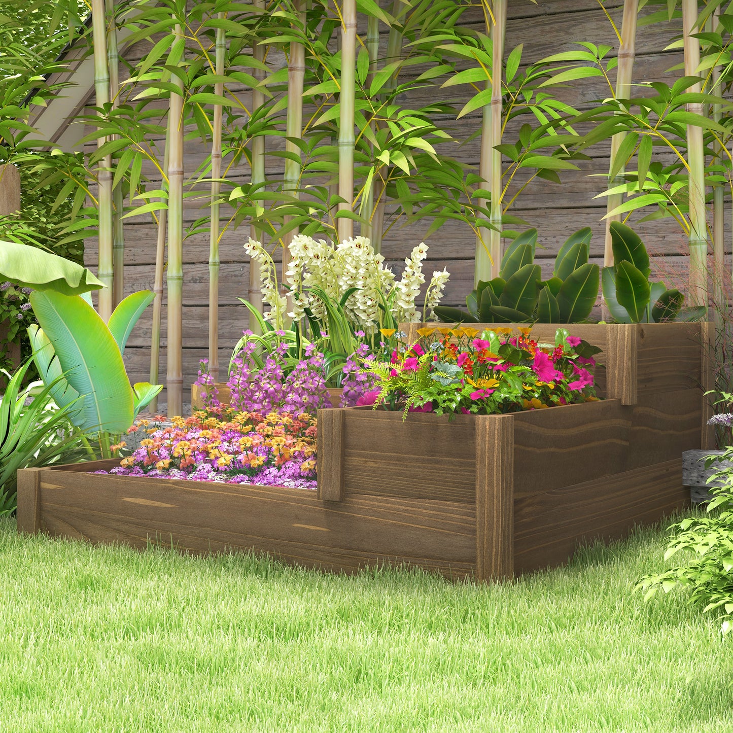 Outsunny Hochbeet, 4 Pflanzgefäße auf 3 Stufen, wetterbeständig, Massivholz, 122 cm x 122 cm x 51 cm, Natur