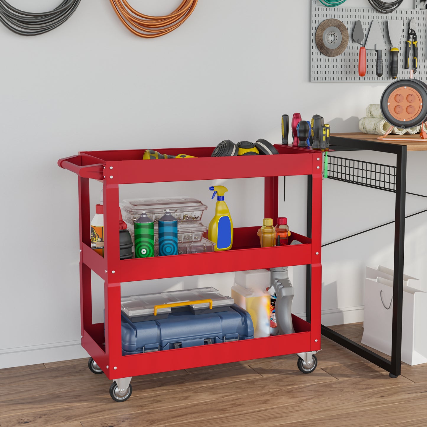 DURHAND 3-stufiger Werkzeugwagen, 4 Rollen, Stahl, 83B x 35,3T x 76H cm, Rot
